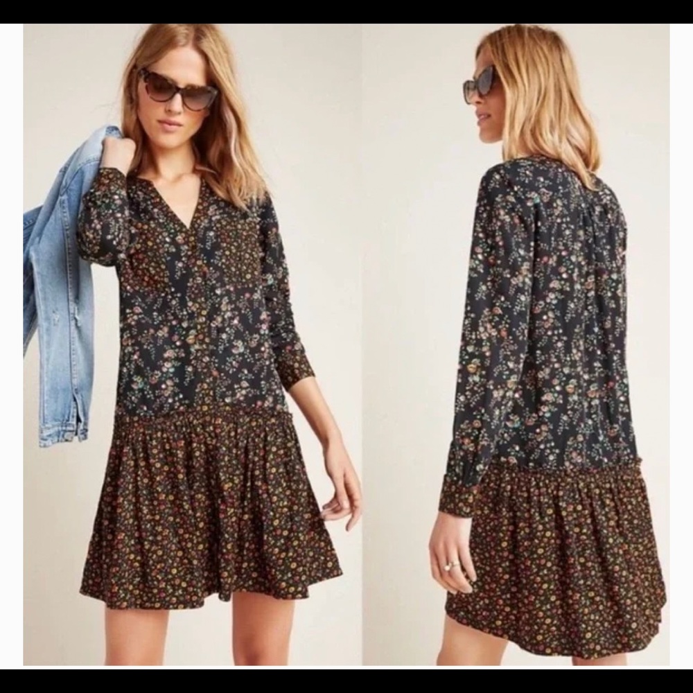 Maeve Black Floral Drop-Waist Long-Sleeve Dress